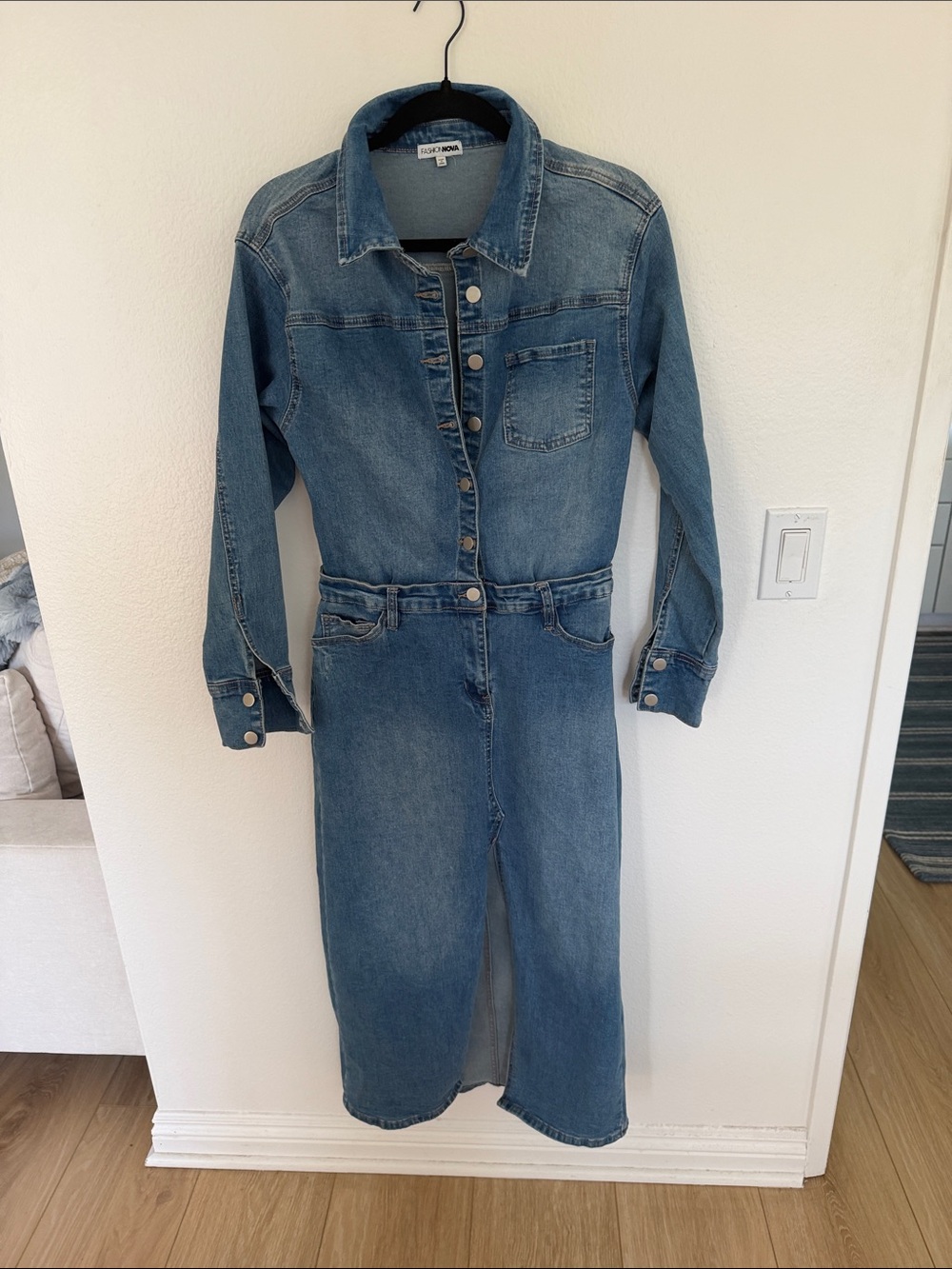 Fashion Nova Denim Maxi Dress Jacket — Blue